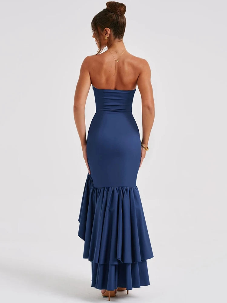 Mozision Strapless High Split Ruffle Long Dress For Women Fashion Off-shoulder Backless Sleeveless Bodycon Club Party Sexy Dress