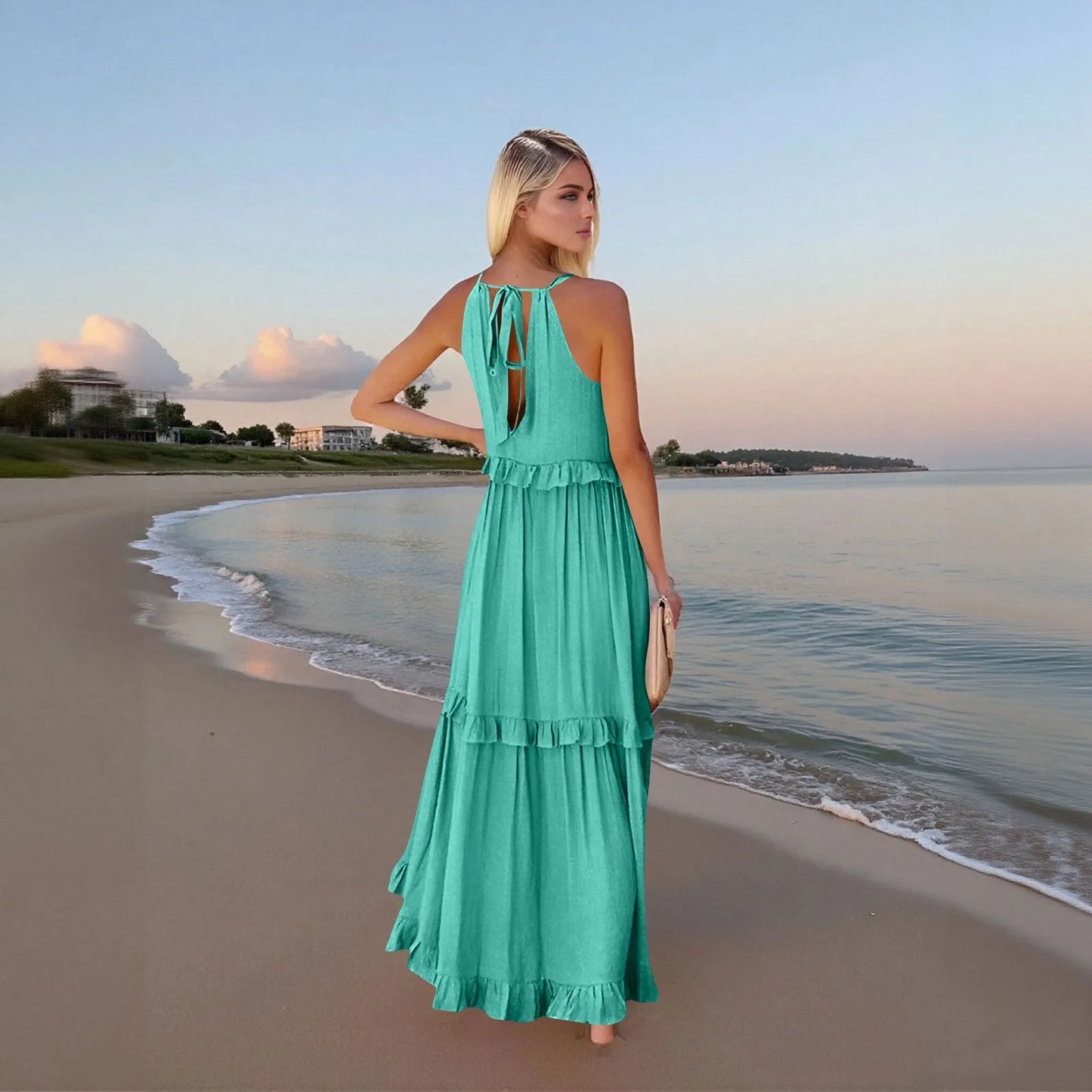 Women's Ruffled hem layered long dresses Summer Sleeveless backless dress Fashion Long Dress Big Swing Beach Dress vestidos