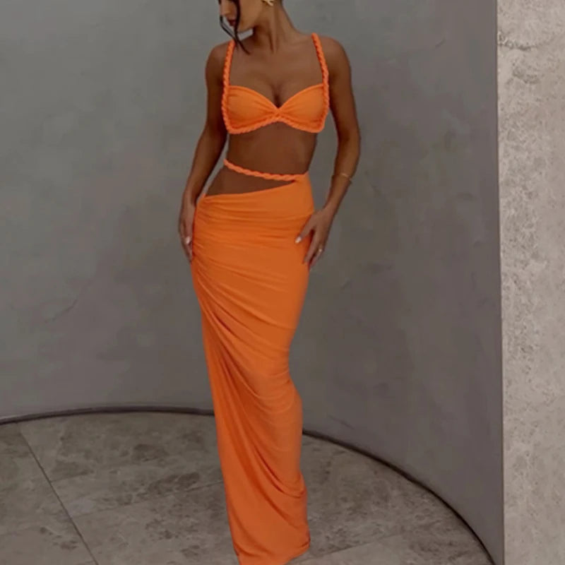 Spring Summer Women's Bikini Set 2 Piece High Waist Wrap Swimsuit Halter Wrap Swim Skirts + Suspender Bra Bathing Suit Beachwear