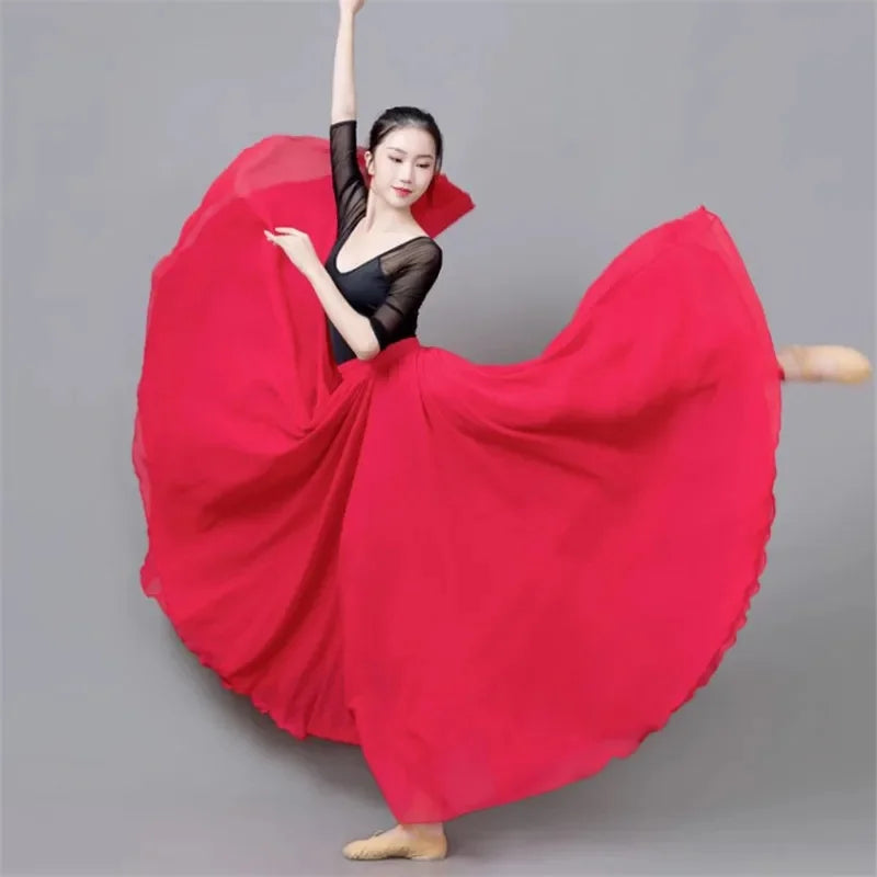 720 Degree Wide Dancing Skirt Chiffon Double Layer Semi-Long Dress Women's Solid Color Xinjiang Dance Skirt