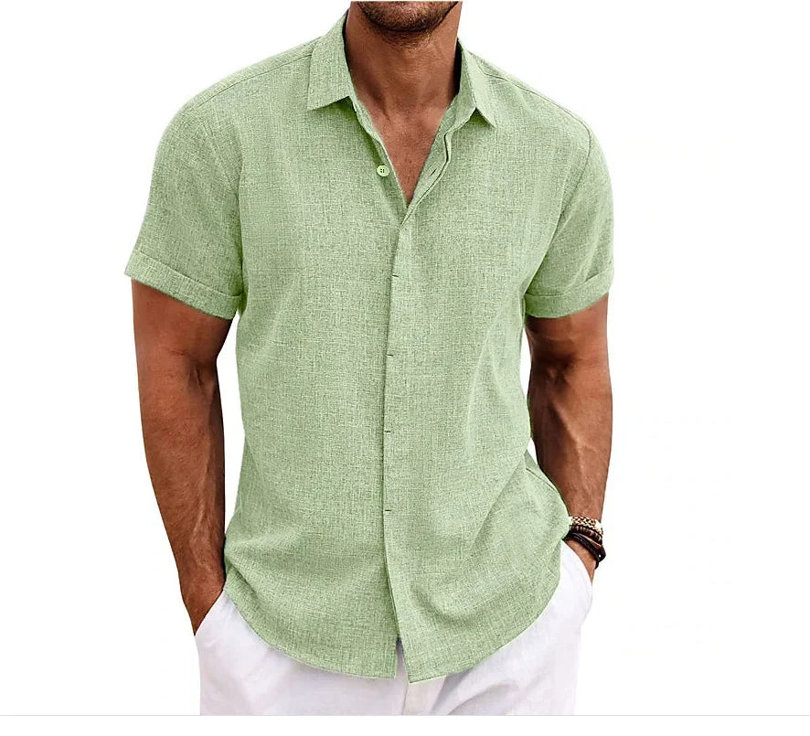 High Quality Cotton Linen Double Placket Men's Cardigan Short Sleeves Summer Home Use Lapel Shirt Cross-Border Style