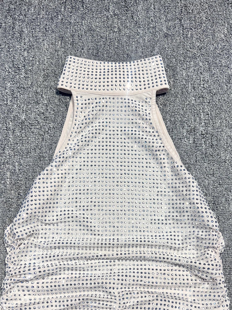 VC Halter Neck Backless Diamonds Long Dress For Women Sleeveless Folds Slim Formal Elegant Celebrity Cocktail Party Gown Vestido