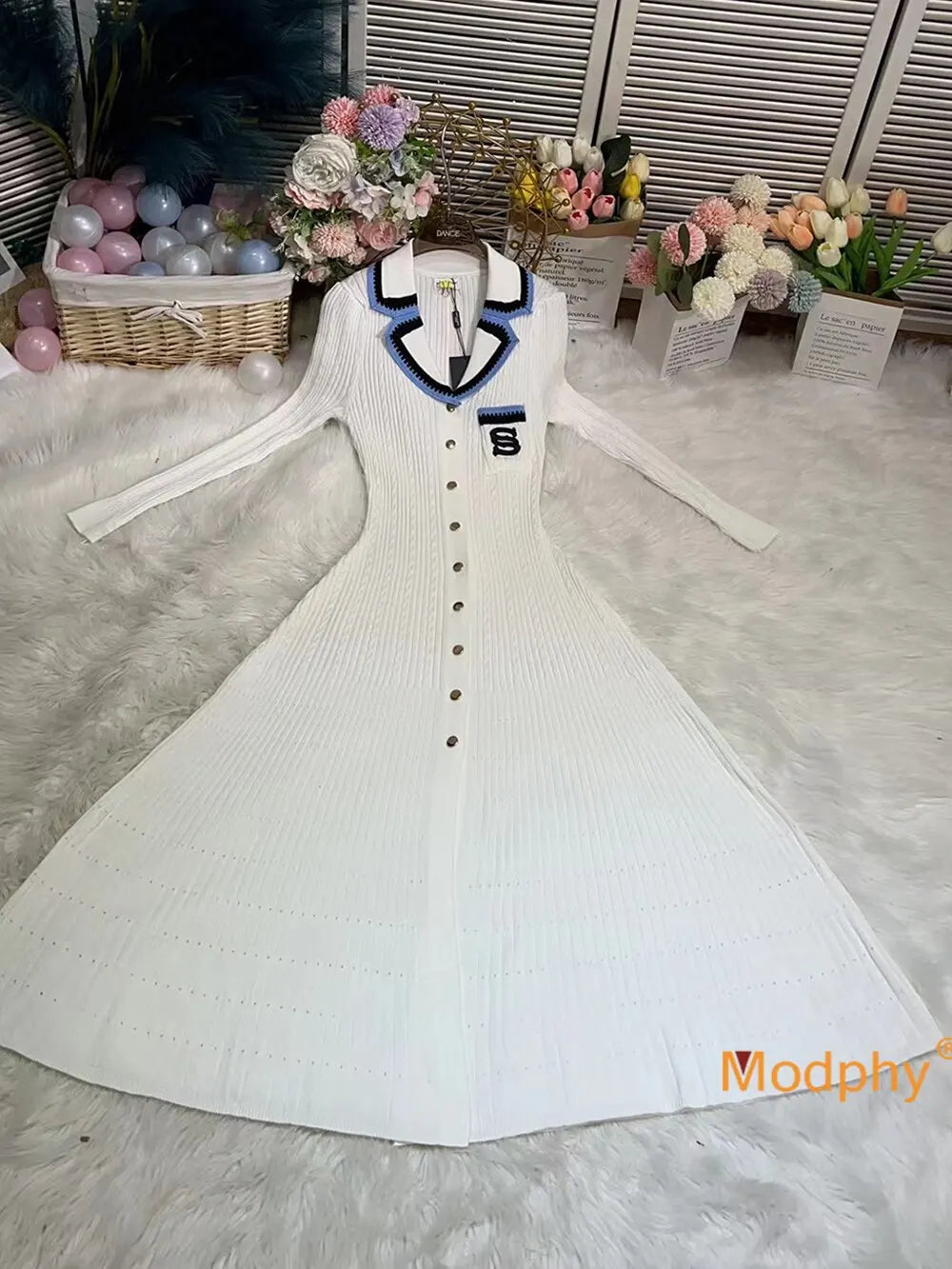 Modphy 2025 Elegant Slim Knitted Long Dress Women's Letter Single Breasted Long Sleeved Designer Vintage Dresses Autumn