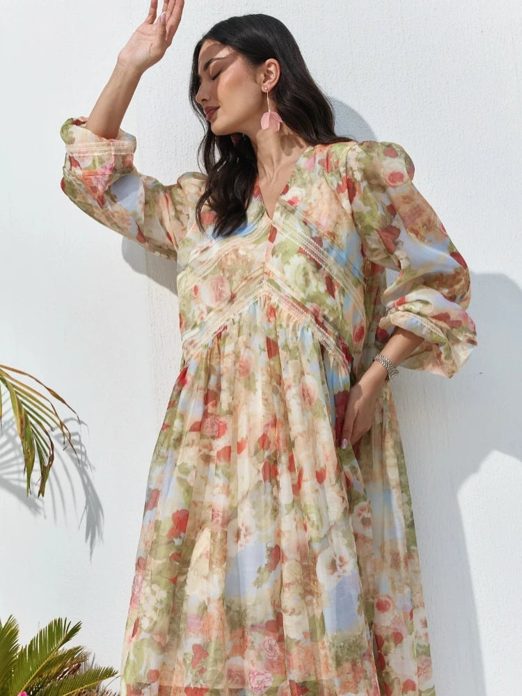 Fashion Print V-neck Women's Maxi Dresses Elegant Pleated Long Sleeve Loose Long Dress Female Summer Chic Casual Holiday Party