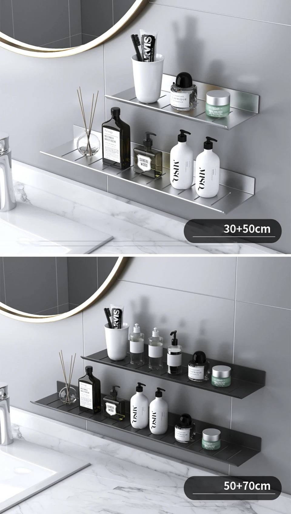 ULA Bathroom Storage Rack 30-50cm Modern Bathroom Shelves Black Silver Kitchen Wall Shelf Home Accessories