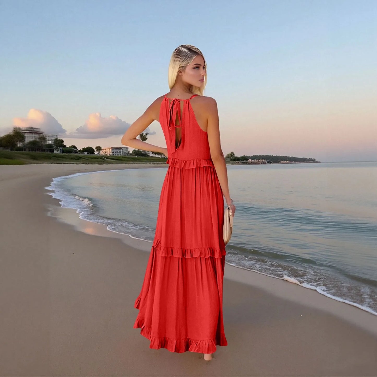 Women's Ruffled hem layered long dresses Summer Sleeveless backless dress Fashion Long Dress Big Swing Beach Dress vestidos