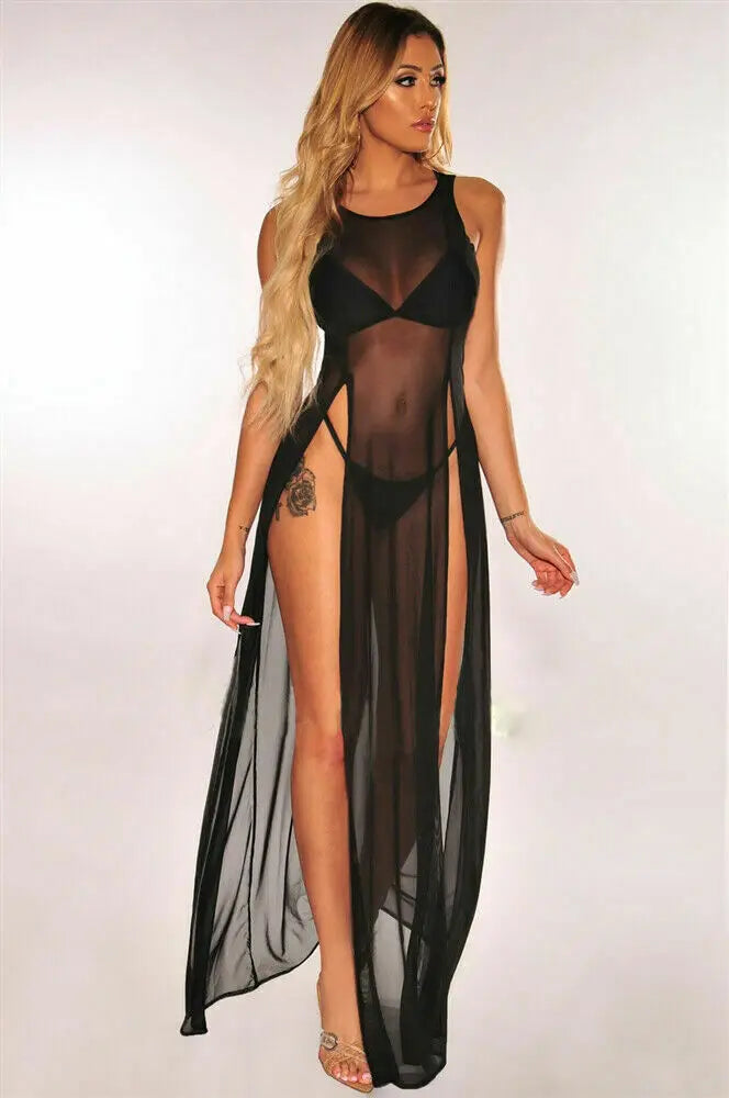 Lace O Mesh Neck Maxi Dress Mesh Lace Thin Transparent Sexy Women Slit Long Dress Elegant Women Fashion Sexy Women 7L7G