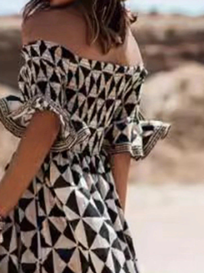 Women's One Line Neck Off Shoulder Elegant Printed Waist and Ankle Long Dress Women's Fashion Dress