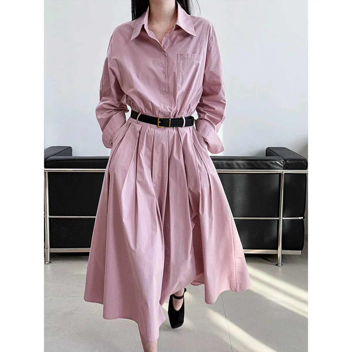 Polo‘s Collar Shirt Dress Women Spring Slimming Long Dress With A Cinched Waist Blue / Pink