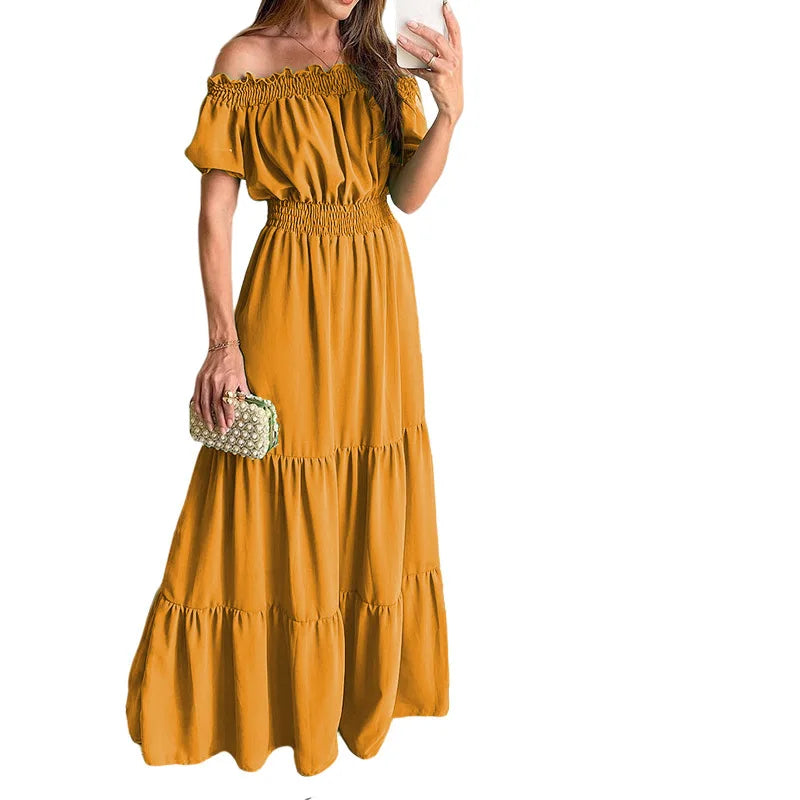 Women's Dress One-line Collar Spring And Summer Short-sleeved New Green Long Dress Fashion Casual Loose Beach Party Dresses Robe