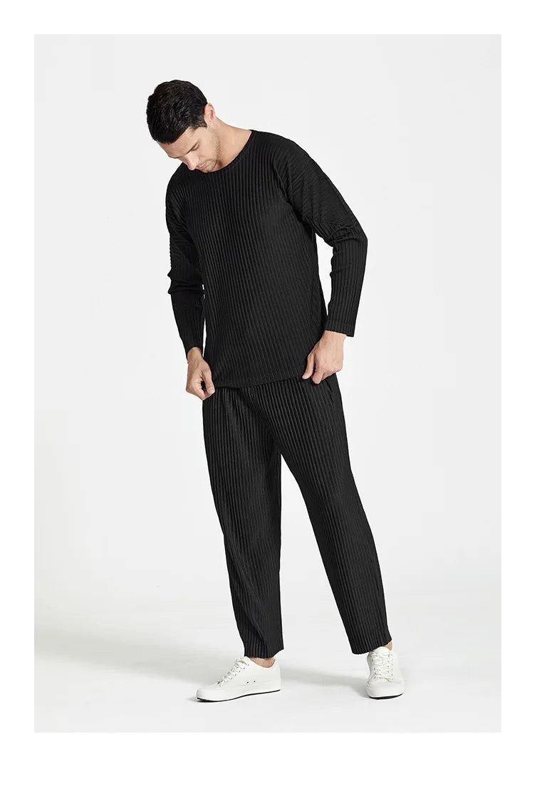 Pleats Original Pleated T-shirt 2024 Spring And Summer New Long-sleeved Round Neck Men's Tops Round Neck T-shirt Casual Clothing