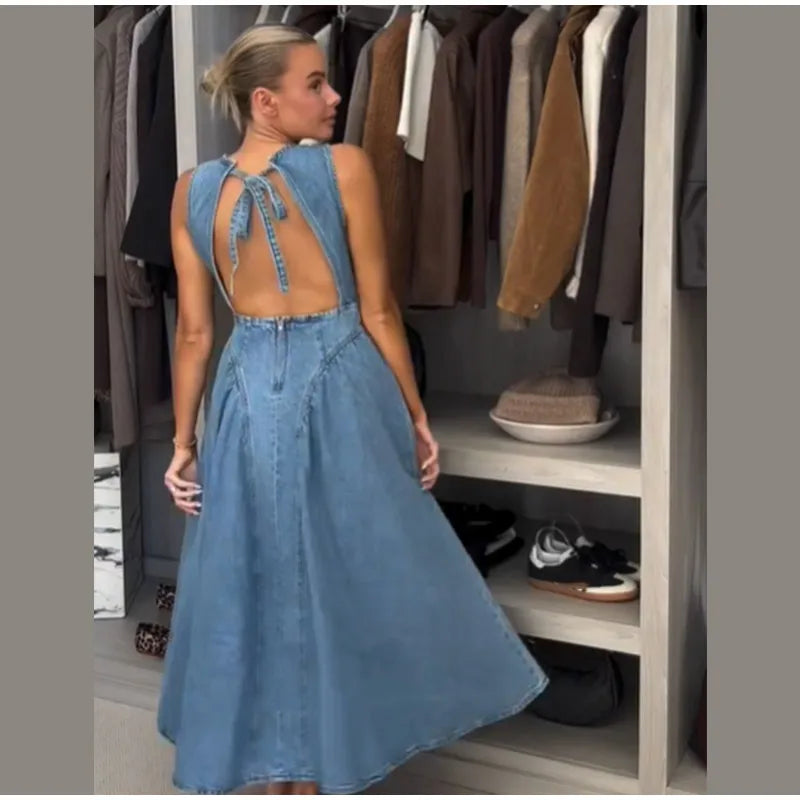 Women Blue Denim Pleated High Waist A-line Long Dress Sexy Backless Sleeveless Lace-up Vestidos Elegant Street Party Dresses