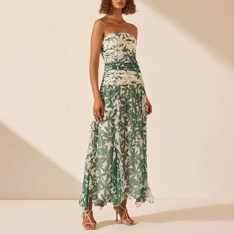 2025spring/summer New Printed Strapless Long Dress with A Stylish Design and Pleated Long Chiffon Dress for Women's Evening Wear