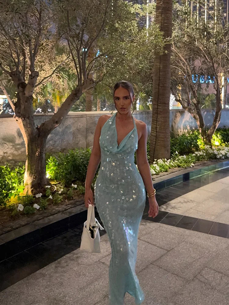 Elegant Sequin Halter Long Dress Women Sexy Bule Backless Sleeveless Slim Asymmetrical Beach Dresses Lady Chic Party Holiday