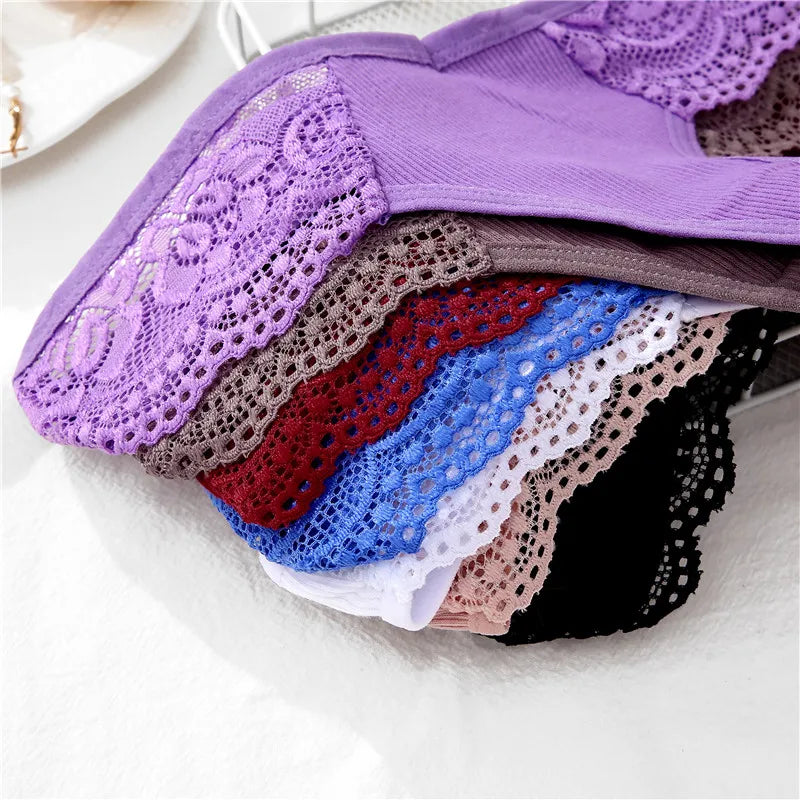 FINETOO 8Pcs Women's Cotton Underwear Lace Thongs Sexy Solid Color Low Waist Bikini Panties Ladies Breathable G-string Lingerie