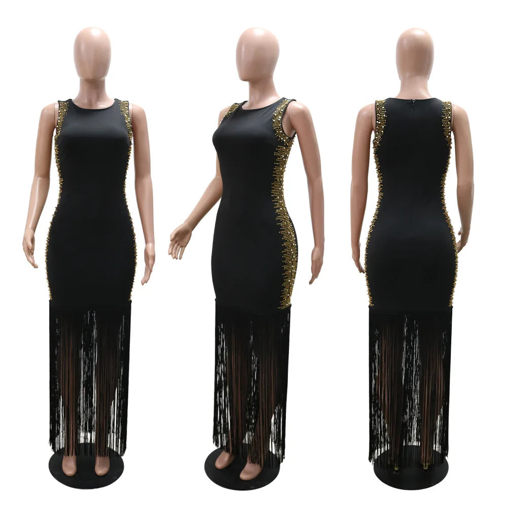 CM.YAYA Fall Diamonds Hot Rhinestones Tassel O-neck Women Sleeveless Bodycon Long Dress Birthday Party Evening Prom Maxi Dresses