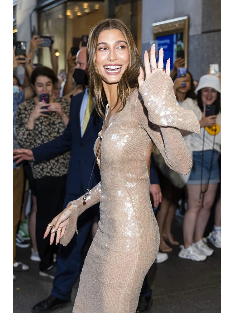 BEVENCCEL Sexy Luxury Sequins Deep V Long Sleeve Backless Sequins Long Dress Elegant Bodycon Maxi Evening Party Clubwear Dress