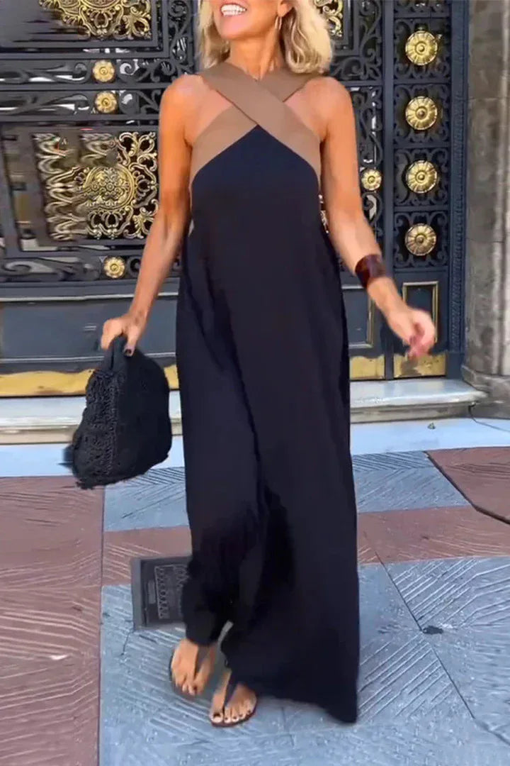 Summer Casual Loose Beach Dresses Fashion Off Shoulder Multi-color Holiday Dress 2025 New Women Halter Color Blocked Long Dress