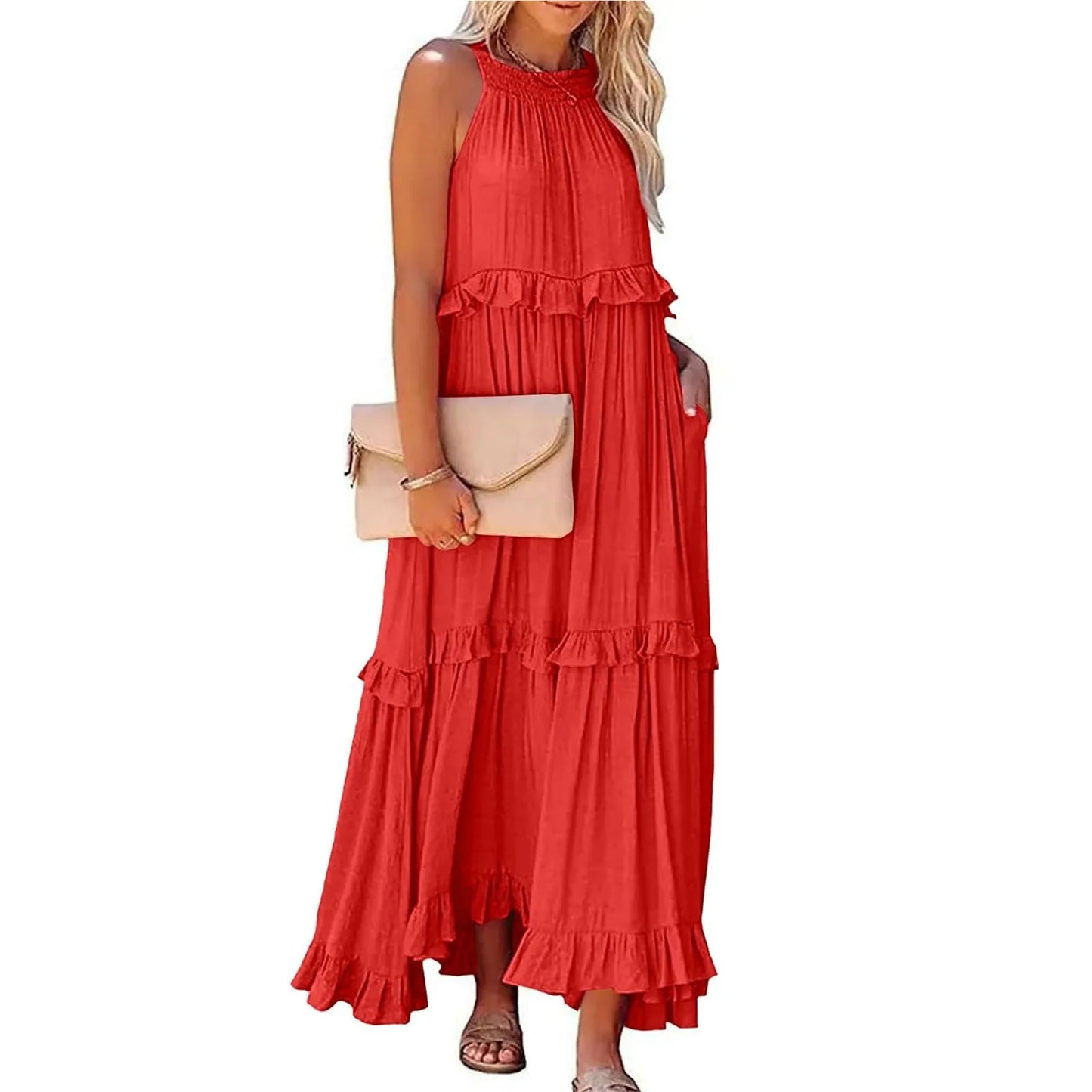 Women's Ruffled hem layered long dresses Summer Sleeveless backless dress Fashion Long Dress Big Swing Beach Dress vestidos