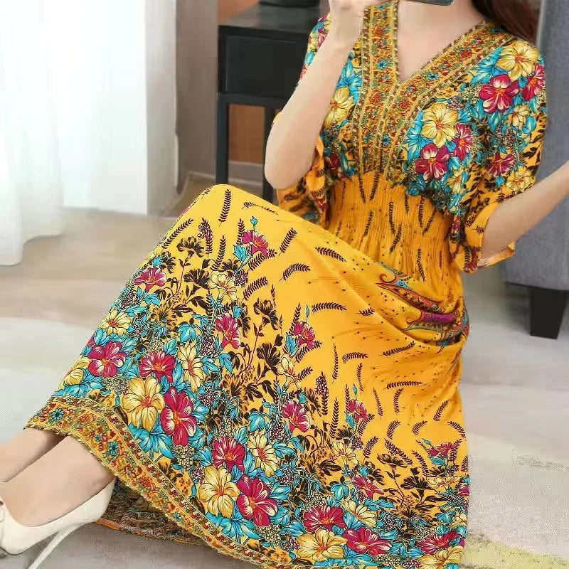 V-neck Large Skirt Hem Casual Sweet Holiday Long Dress Bat Sleeves Elastic Waist Bohemian Print Floral Elegant Dresse For Women