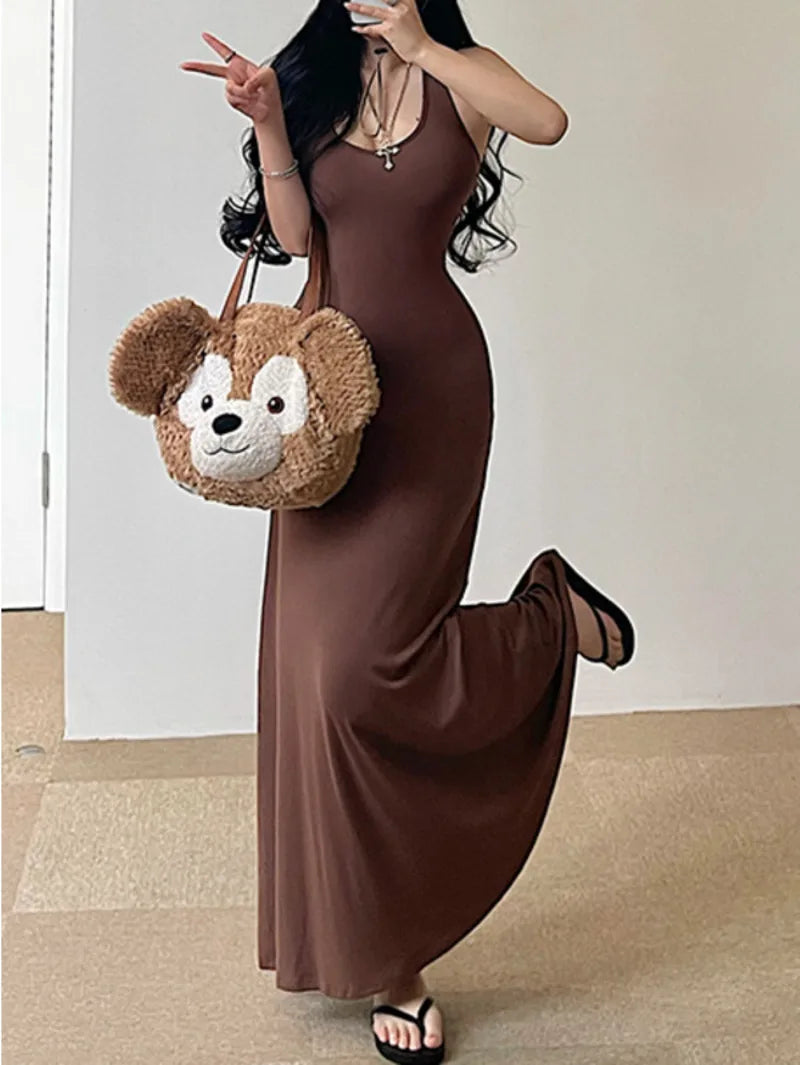 Sweet Women Maxi Dresses Sexy Backless Slim Hanging Neck Dress Long Dress Elegant V Neck Hot Sexy Korean Women Tops 2PLP
