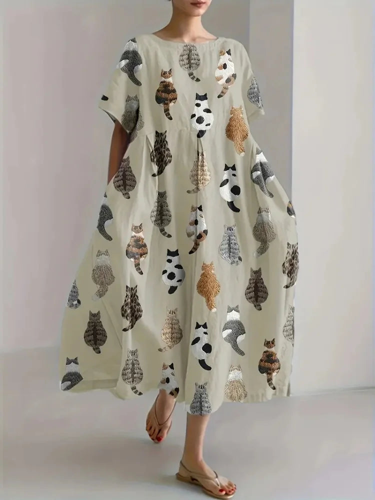 Cute Cat 3D Printed Round Neck Elegant Knee-length Dress Outdoor Holiday Casual Women's Long Dress Elegant Women's Long Dress