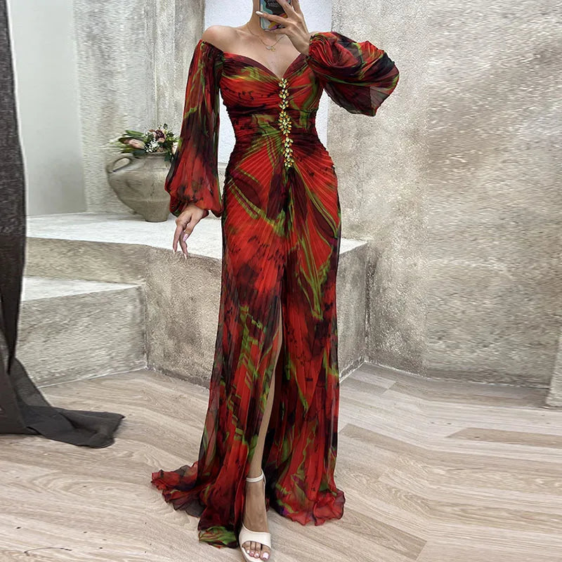 Casual Lantern Long Sleeve Big Hem Long Dress Vintage Tie-dye Print Pleated Party Dress Women Sexy Deep V-neck Waist Split Dress
