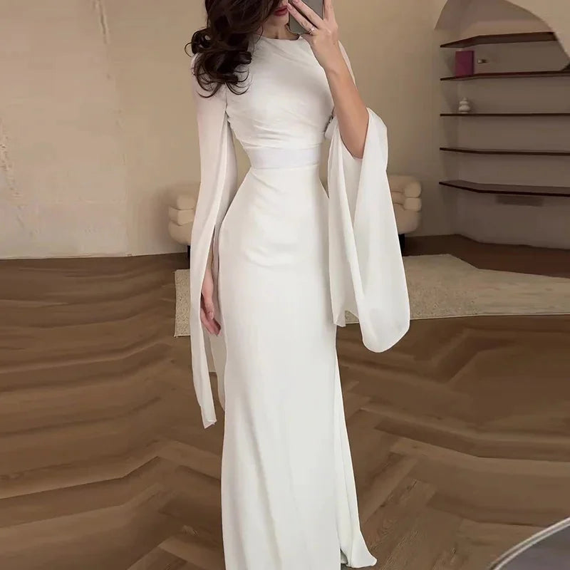 Fashion Satin Solid Robe Dress Women Elegant Batwing Sleeves High Waist Pleats Long Dress Stylish Glass Tulle Slim Evening Dress