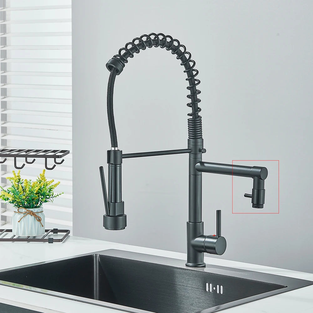 Black Pull Down Kitchen Sink Faucet Hot Cold Water Mixer Crane Tap with Dual Spout 360 Rotation High Faucet Deck Mounted