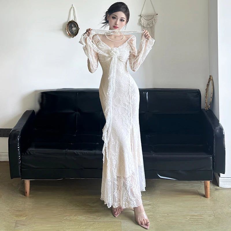 Sexy Lace Womens Dresses Summer Spring Fashion Elegant Evening Party Long Dress Birthday Prom Vestidos Female Clothing