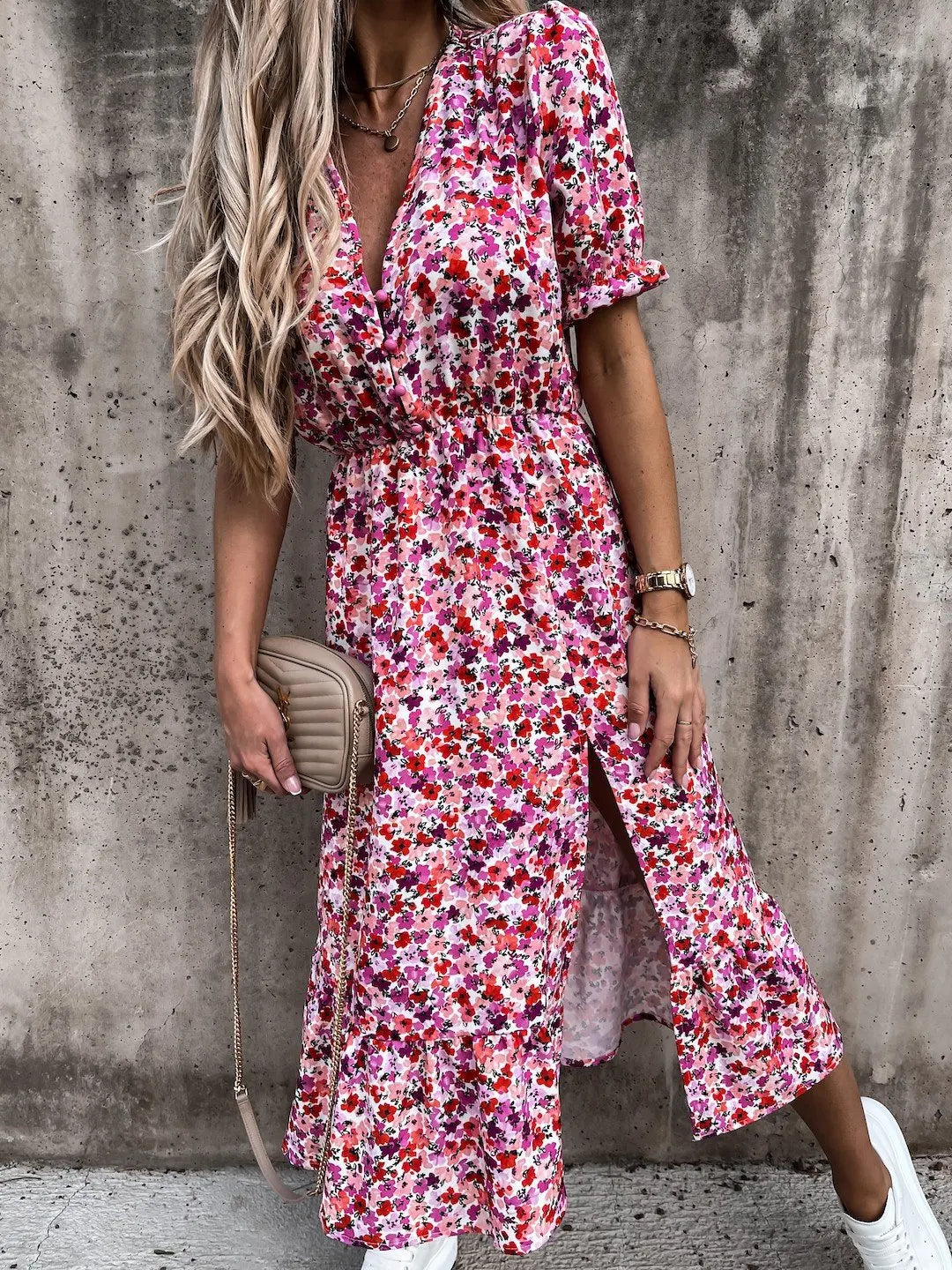 Summer Floral Print Dress Women V Neck Side Slit Long Dress Elegant Short Sleeve Button Slim Spring Female Party Dress Vestidos