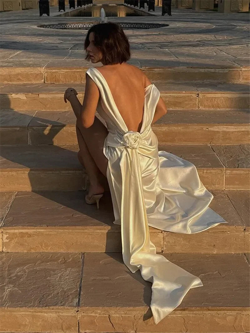2025 Satin Backless Sexy Long Dress for Women Elegant Rose Thigh High Waist Beach Holiday Gorgeous Club