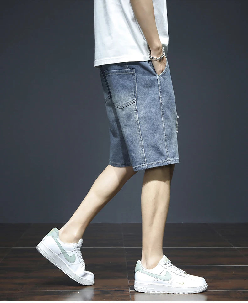 Summer Men's Blue Denim Shorts Y2k Cotton Loose Straight Ripped Fashion Shorts Men Korean Trendy Casual Streetwear Short Jeans