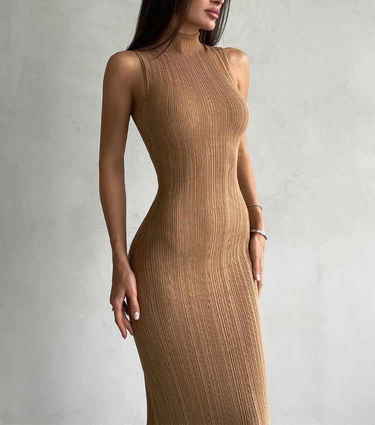 Sexy Women's Knitted Dress 2024 Spring Summer Maxi Turtleneck Sleeveless Sheath Long Dress Slim Party Bodycon Dresses for Women