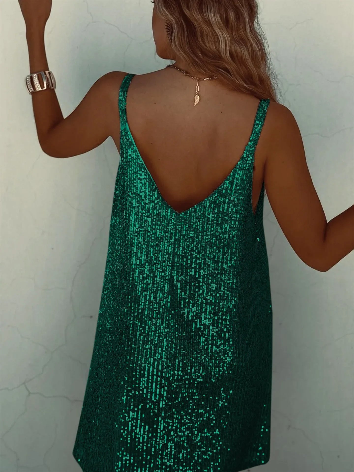 Summer New Women's Fashionable Sexy Tank Dress Solid Color Loose-Fit Long Dress With Sequins V-Neck Fashion Accessories