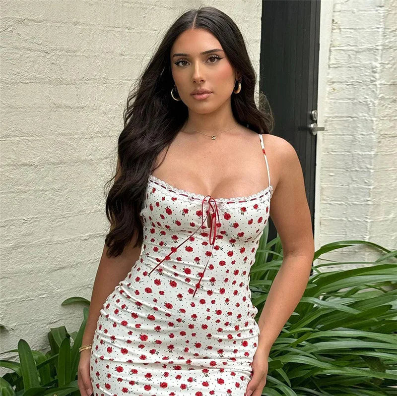 Tuularose Lace Printed Long Dress Women's Summer Sleeveless Spaghetti Strap Patchwork Long Fashion Sexy Slim 2025 Party Dresses