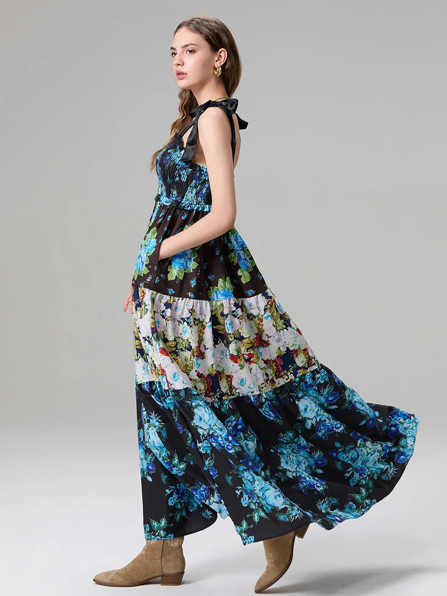 Combhasaki Women's Y2K Vintage Floral Print Ribbon Tie-Up Shoulder Straps Sleeveless V-Neck Summer Big Swing A-line Long Dress