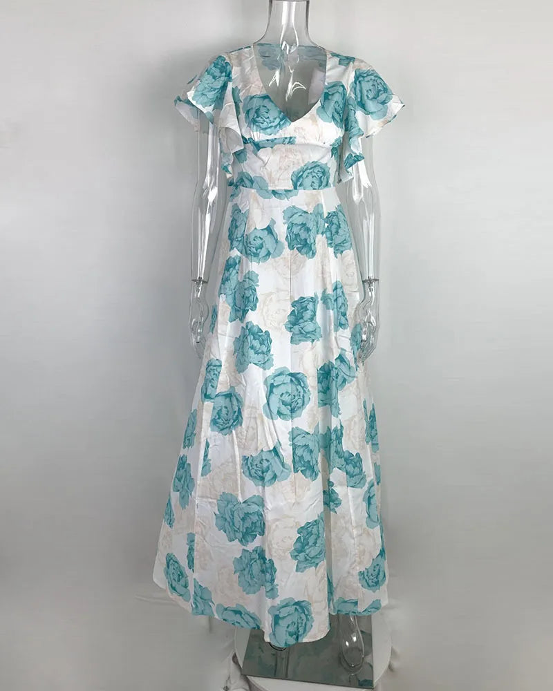 Women Summer Long Dress Floor Length 2024 New Floral Print V-neck Sexy Waist Big Swing Woman Casual Dresses Vestidos GHH9040