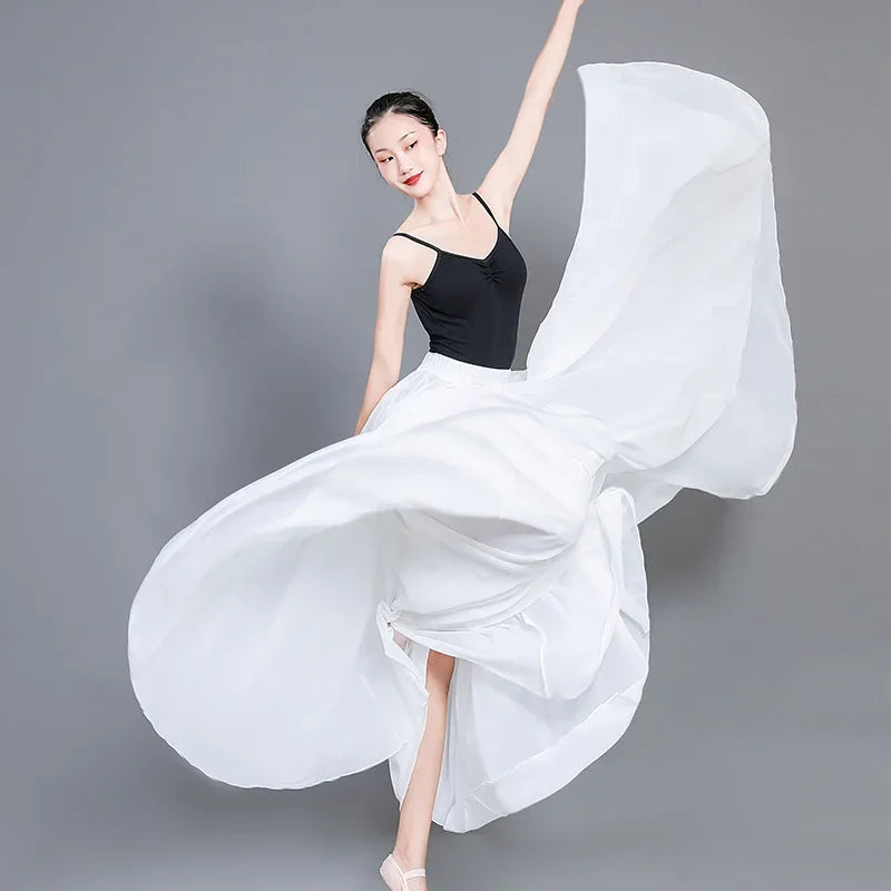 720 Degree Wide Dancing Skirt Chiffon Double Layer Semi-Long Dress Women's Solid Color Xinjiang Dance Skirt