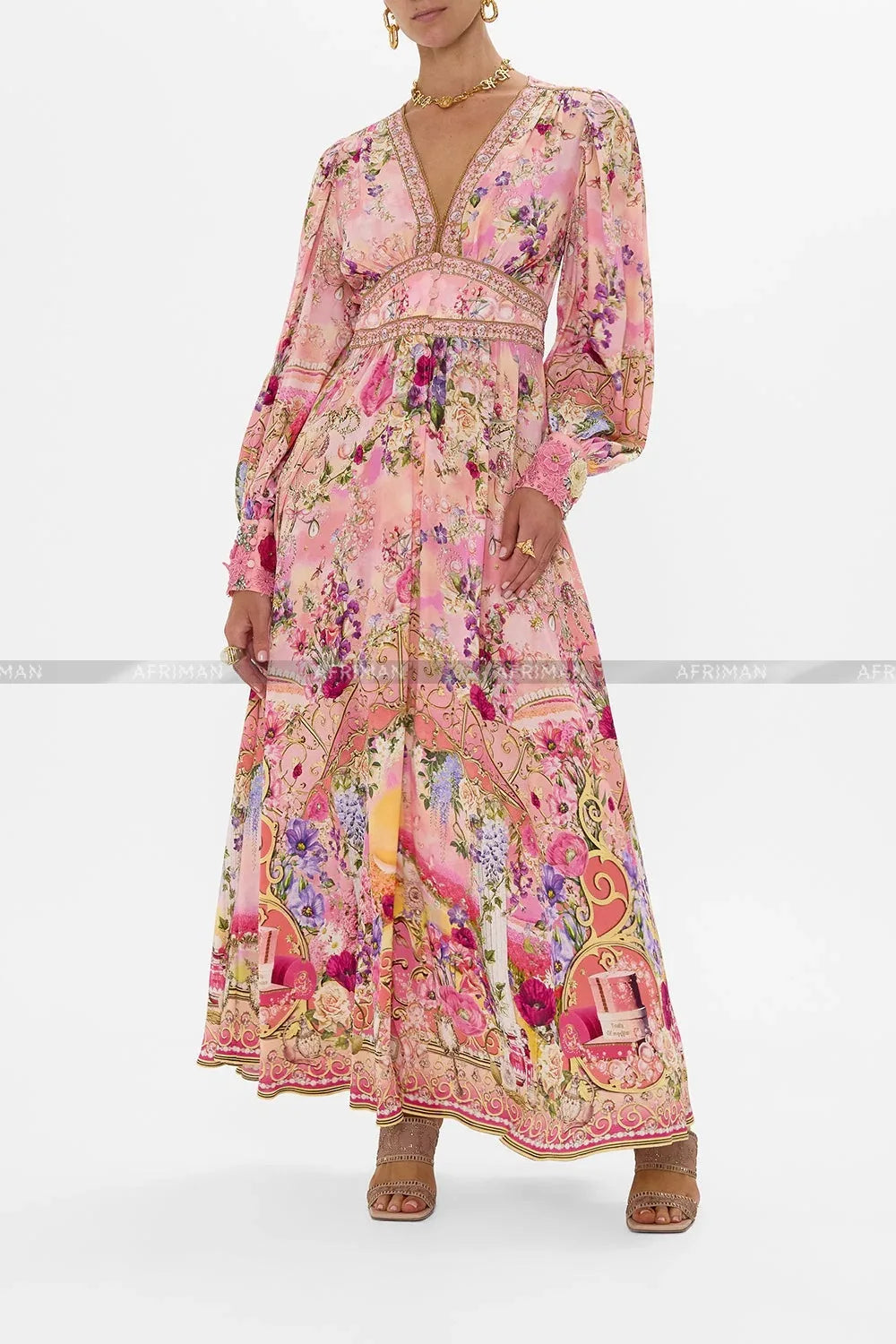 Women V Neck Crystal Beaded Pink Flower Print 3D Flower Embroidery Long Sleeve Silk Long Dress