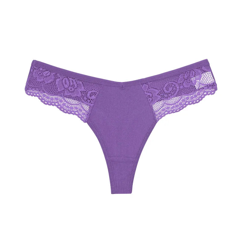 FINETOO 8Pcs Women's Cotton Underwear Lace Thongs Sexy Solid Color Low Waist Bikini Panties Ladies Breathable G-string Lingerie