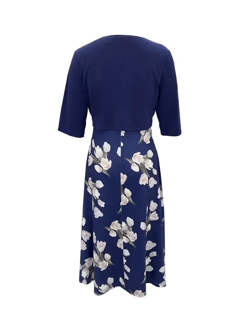 2024 European and American Autumn New Women's Long Dress Two Piece Flower and Grass Print Round Neck Dress Coat Women