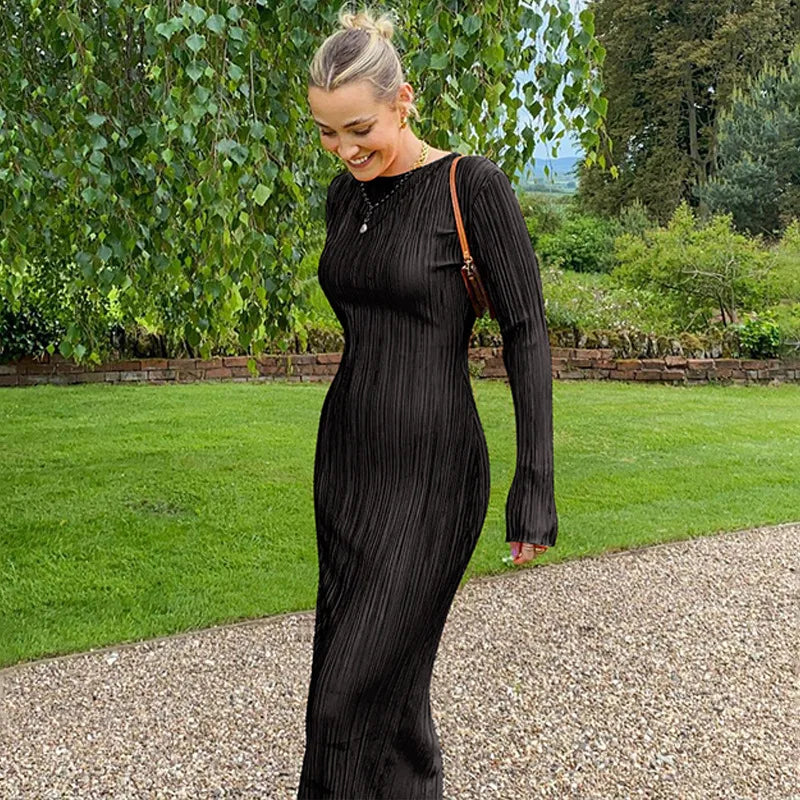 Dulzura Women 2024 Autumn Winter Fashion Long Sleeve Streetwear Bodycon Black Long Dress Wholesale Items For Business