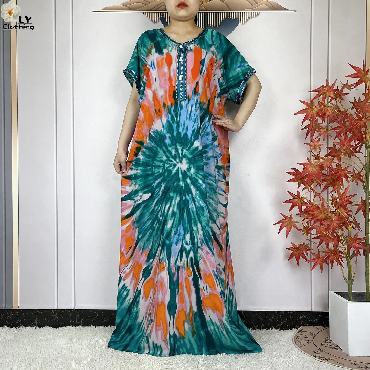2024 New Style Short Sleeve African Dashiki Tie-dyed Cotton Abaya Caftan Lady Summer Maxi Islam Casual Dresses With Big Scarf