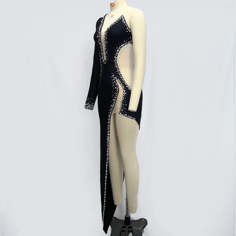 Factory Wholesale Women's Black Diamond Strapless High-End Luxury Sexy Celebrity Cocktail Party Bandage Long Dress