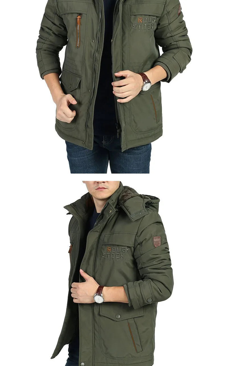 winter Parka Men's Multi-pocket Thickened Fleece-lined Cold-proof Padded Jacket Outdoor Camping Removable Cap Warm Men's Coat