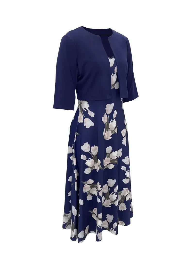 2024 European and American Autumn New Women's Long Dress Two Piece Flower and Grass Print Round Neck Dress Coat Women