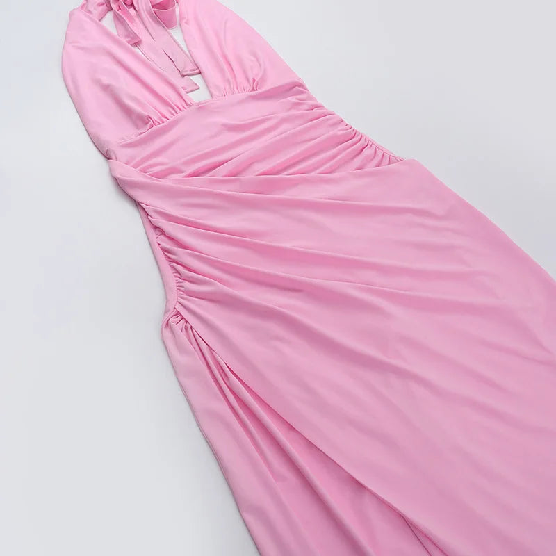 Torova Halter Bandage Slit Long Dress For Women U Neck Sexy Backless Maxi Dress Slim Beach Party Ruched Dress Female Elegant