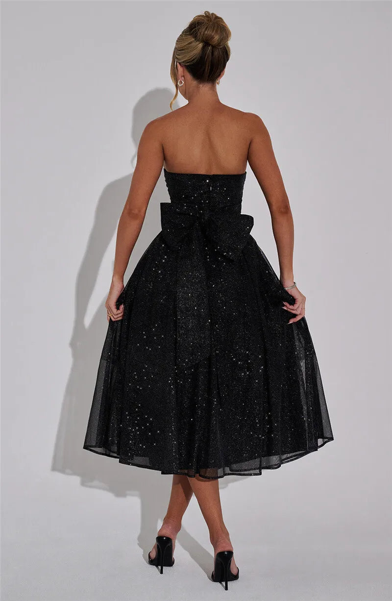 Mozision Off-shoulder Backless Bow Sexy Maxi Dress For Women Strapless Sleeveless A-line Loose Pleated Sexy Long Dress Clubwear