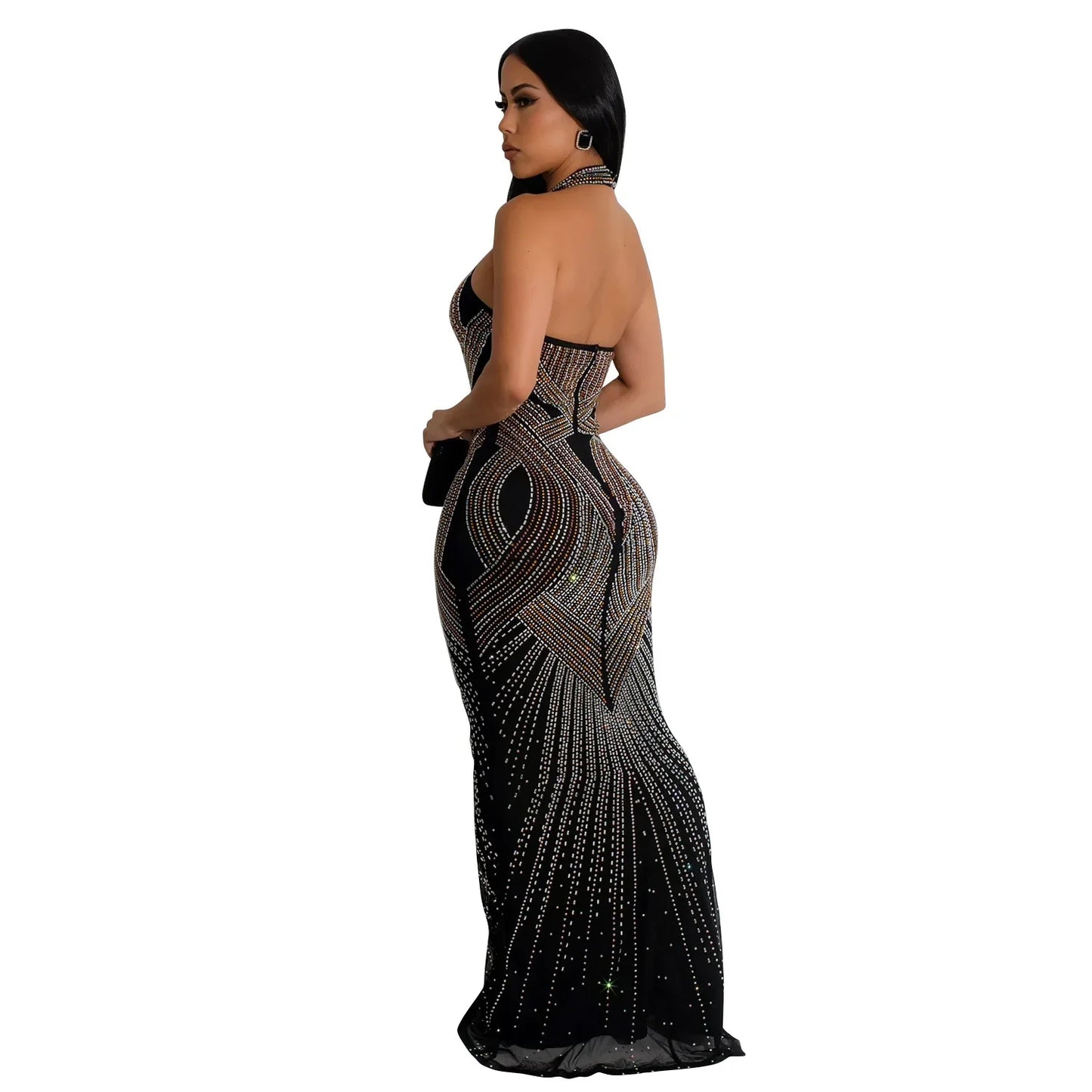 Fashion Women's Wear Solid Color Mesh Hot Rhinestone Halter Maxi Dress Sleeveless Formal Evening Long Dress Skinny Slim